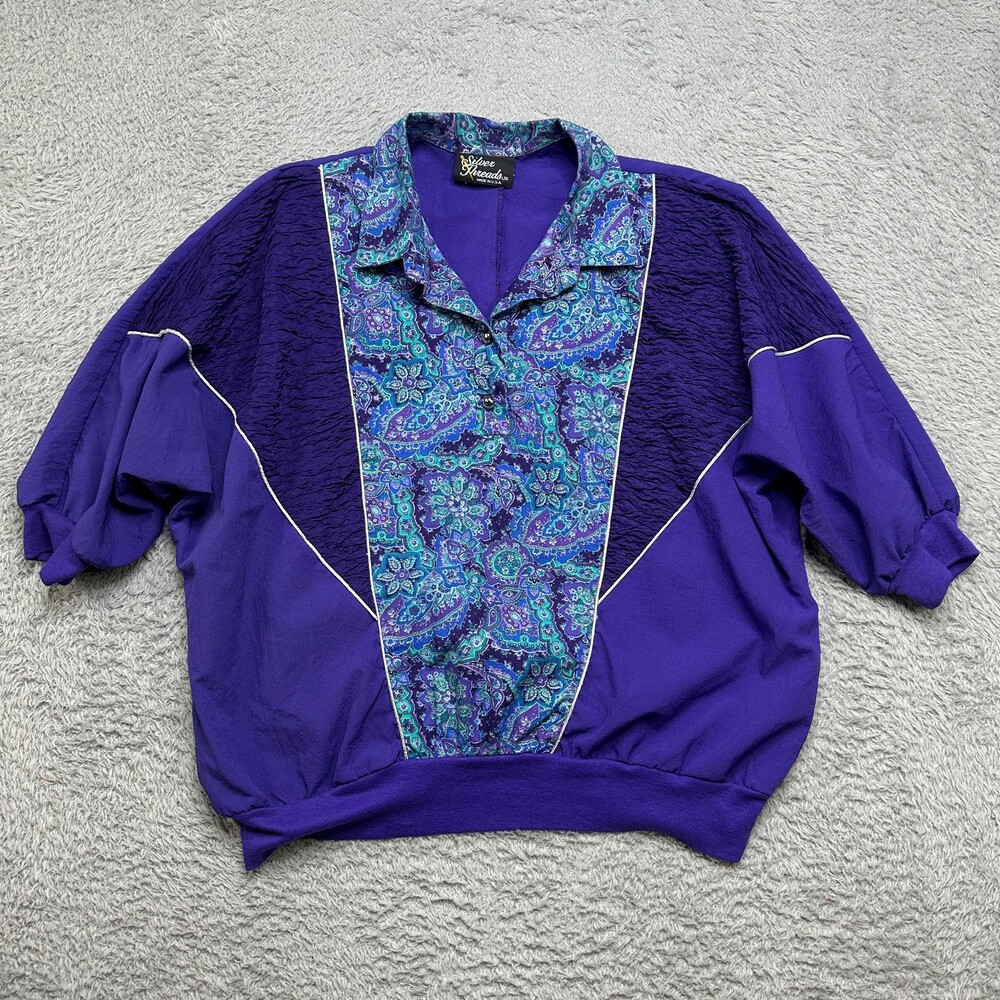 Vintage 90s Silver Threads Jacket Womens L Purple Teal Paisley Ruffle Pull Over